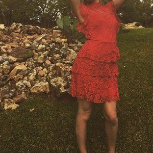 PrettyLittleThing Red Lace Ruffle Dress